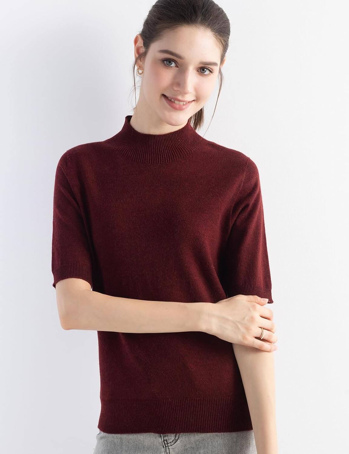 Merino Wool Blend Mock Neck Short Sleeve Seamless Knit Sweater