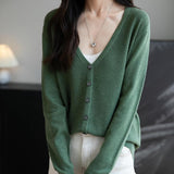 Women's Merino Wool Cardigan V-Neck Fall Winter Long Sleeve First-Line Ready to Wear Seamless Knit Cardigan