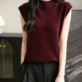 Women's 100% Merino Wool Spring Fall Winter First-Line Ready to Wear Mock Neck Seamless Knit Sleeveless Sweater Vest