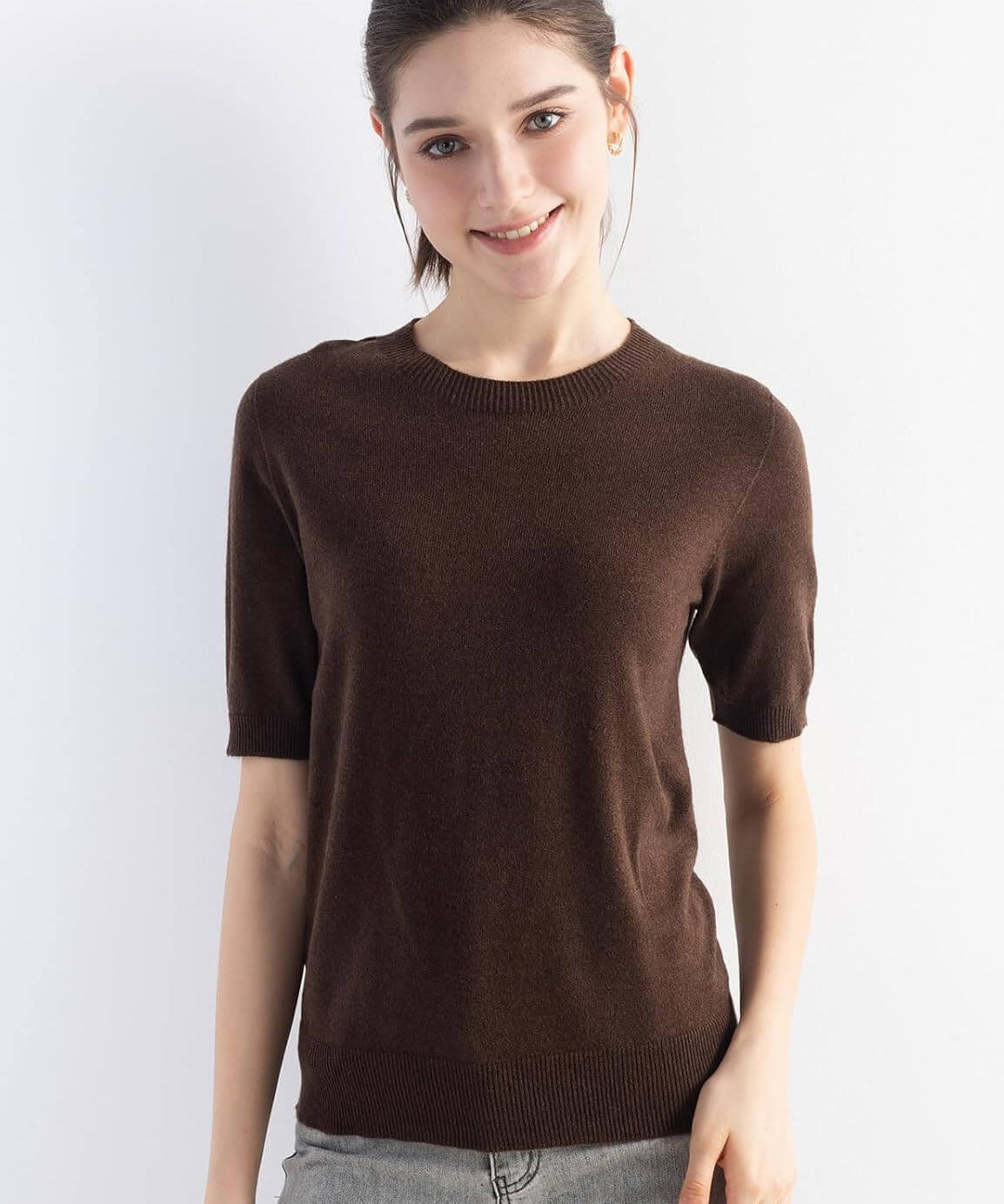 Merino Wool Crew Neck Short Sleeve Seamless Knit Sweater
