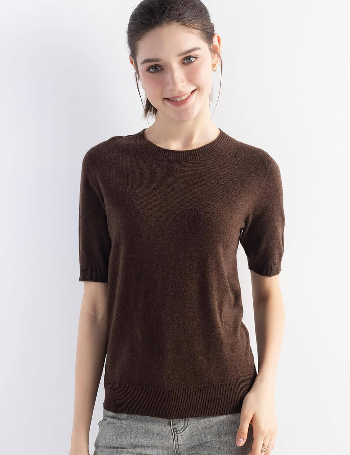 Merino Wool Blend Crew Neck Short Sleeve Seamless Knit Sweater