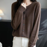 Women's Merino Wool Cardigan Crew Neck Fall Winter Long Sleeve First-Line Ready to Wear Seamless Knit Cardigan