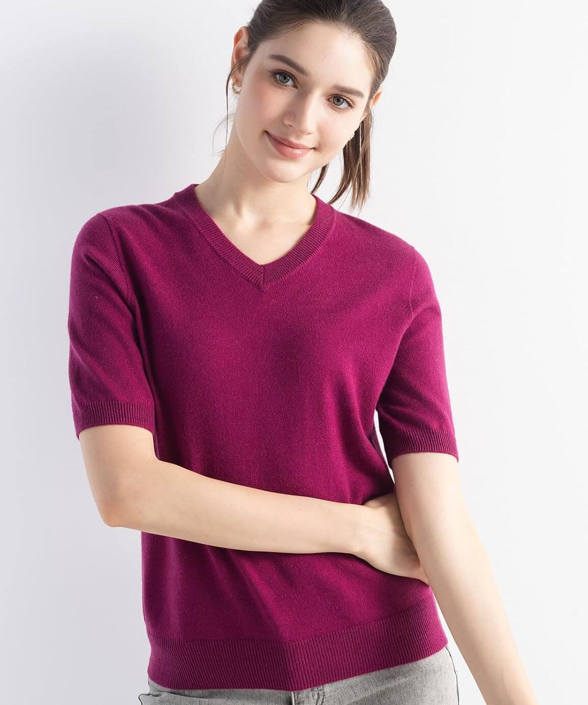 Merino Wool V-Neck Short Sleeve Seamless Knit Sweater
