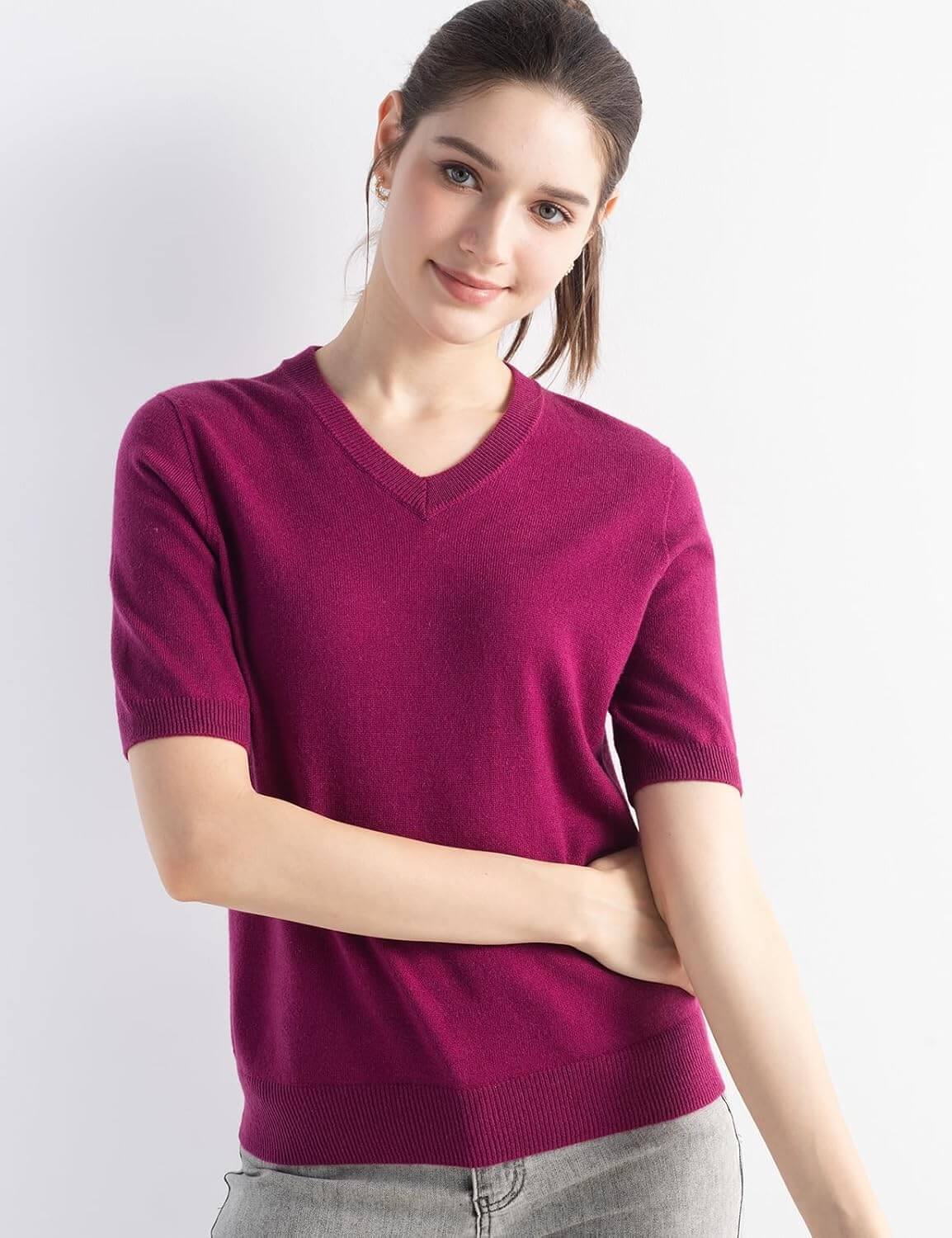 Women's Merino Wool Sweater 2025 Fall Winter V Neck Short Sleeve First-Line Ready to Wear Seamless Knit Sweater