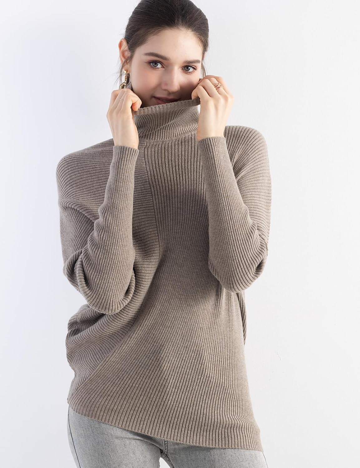 Women's Merino Wool Oversized Sweater 2025 Fall Winter Turtleneck Ribbed Batwing Sleeve Asymmetrical Knit Pullover