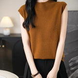 Women's 100% Merino Wool Spring Fall Winter First-Line Ready to Wear Mock Neck Seamless Knit Sleeveless Sweater Vest