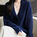 Women's Merino Wool Sweater V-Neck Ribbed 2025 Fall Winter Lapel Button Down Long Sleeve Knit Cardigan with Pocket