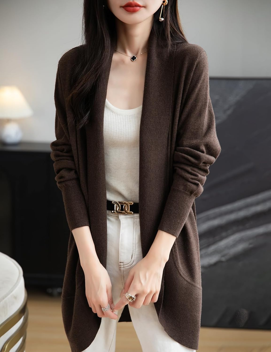 Merino ullblandning stickad cardigan tröja