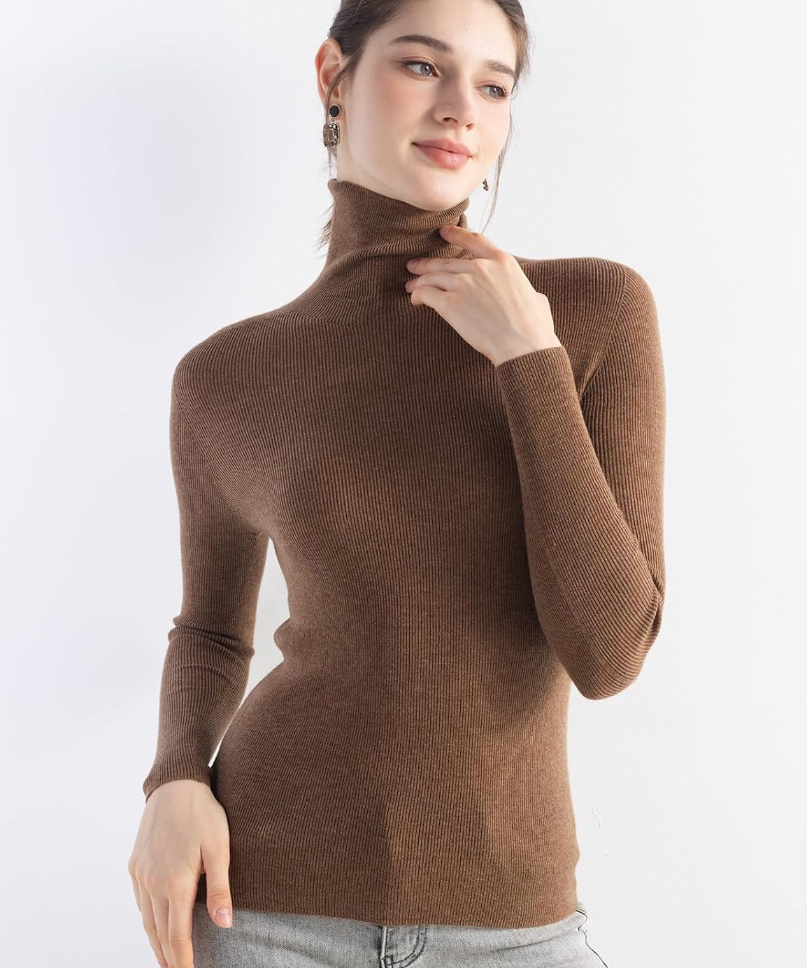 Merino Wool Blend Ribbed Turtleneck Slim Fit Sweater