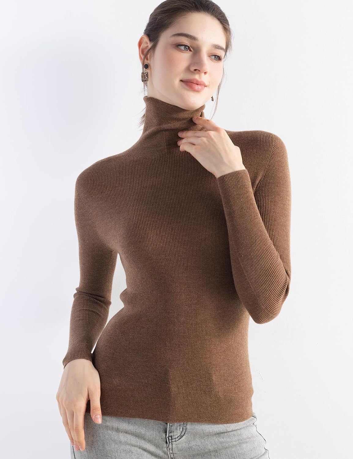 Women's Merino Wool Sweater Fall Winter Turtleneck Rib Long Sleeve First-Line Ready to Wear Seamless Knit Sweater