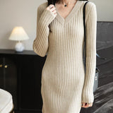 Women's Merino Wool Blend Sweater Dress Fashion 2025 Fall Winter Sexy V-Neck Slim Fit Long Sleeve Ribbed Knit Dress