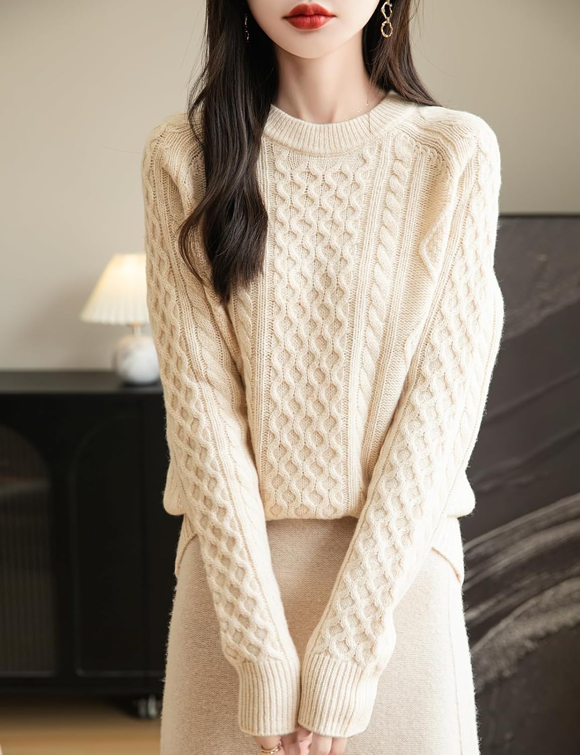 Pull vintage en tricot torsadé à col rond 100 % laine mérinos