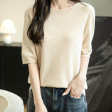 Women's 100% Merino Wool Spring Fall Winter First-Line Ready to Wear Seamless Knit Crewneck Short Sleeve Sweater