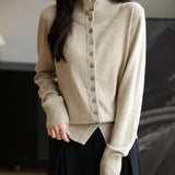 Women's Merino Wool Blend Cardigan 2025 Fall Winter Casual Mock Neck Long Sleeve Knit Cardigan with Buttons