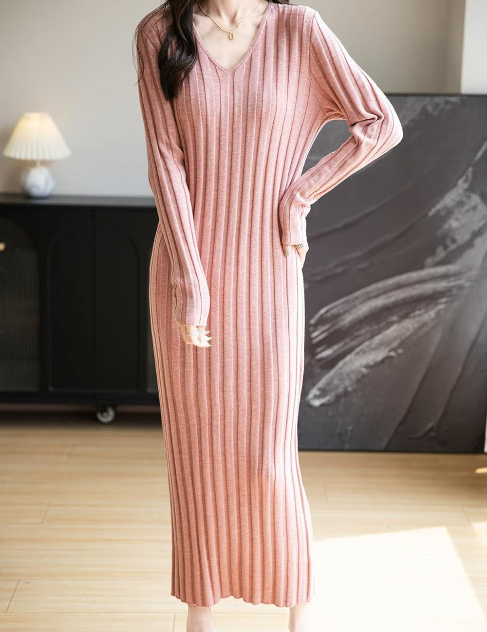 Merinoullblandning med V-ringad Ribbad Bodycon Stickad Klänning