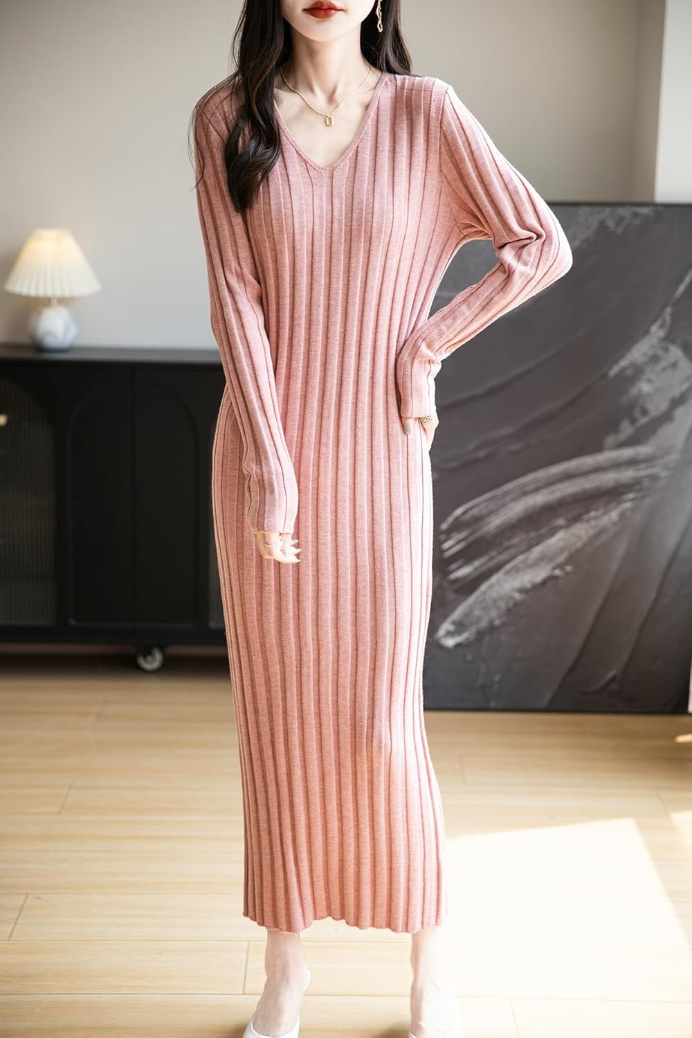Women's Merino Wool Blend Sweater Dress 2025 Fall Winter V-Neck Long Sleeve Ribbed Cocktail Bodycon Knit Maxi Dress