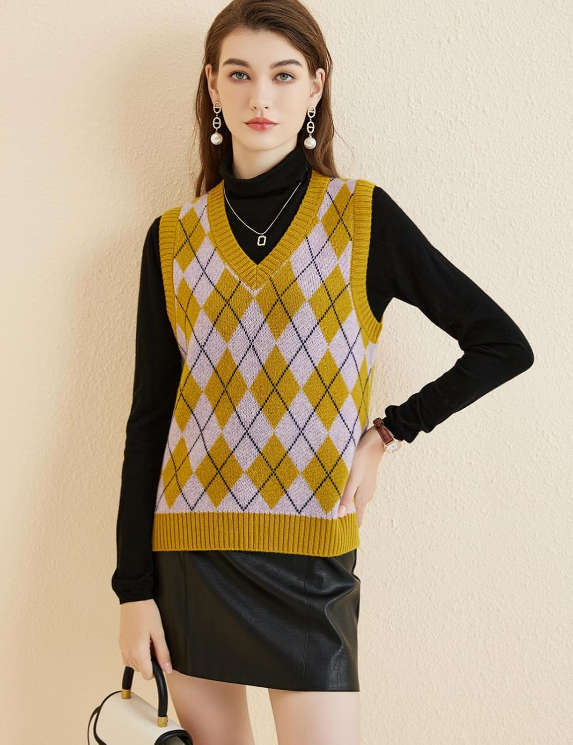 Women's 100% Merino Wool Sweater Vest 2025 Fall Winter Diamond Lattice V Neck Sleeveless Knit Sweater Vest