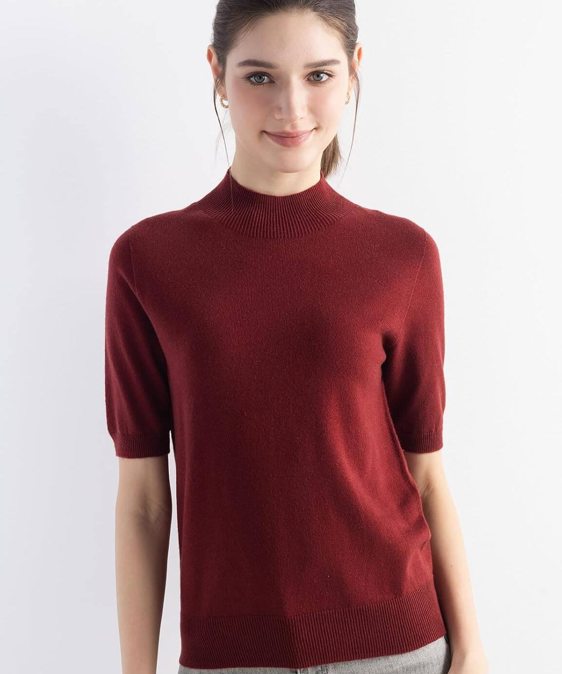 Merino Wool Mock Neck Short Sleeve Seamless Knit Sweater