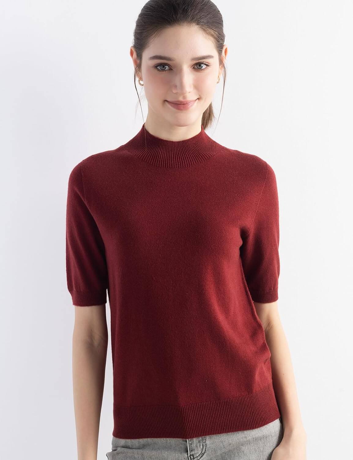 Merino Wool Blend Mock Neck Short Sleeve Seamless Knit Sweater