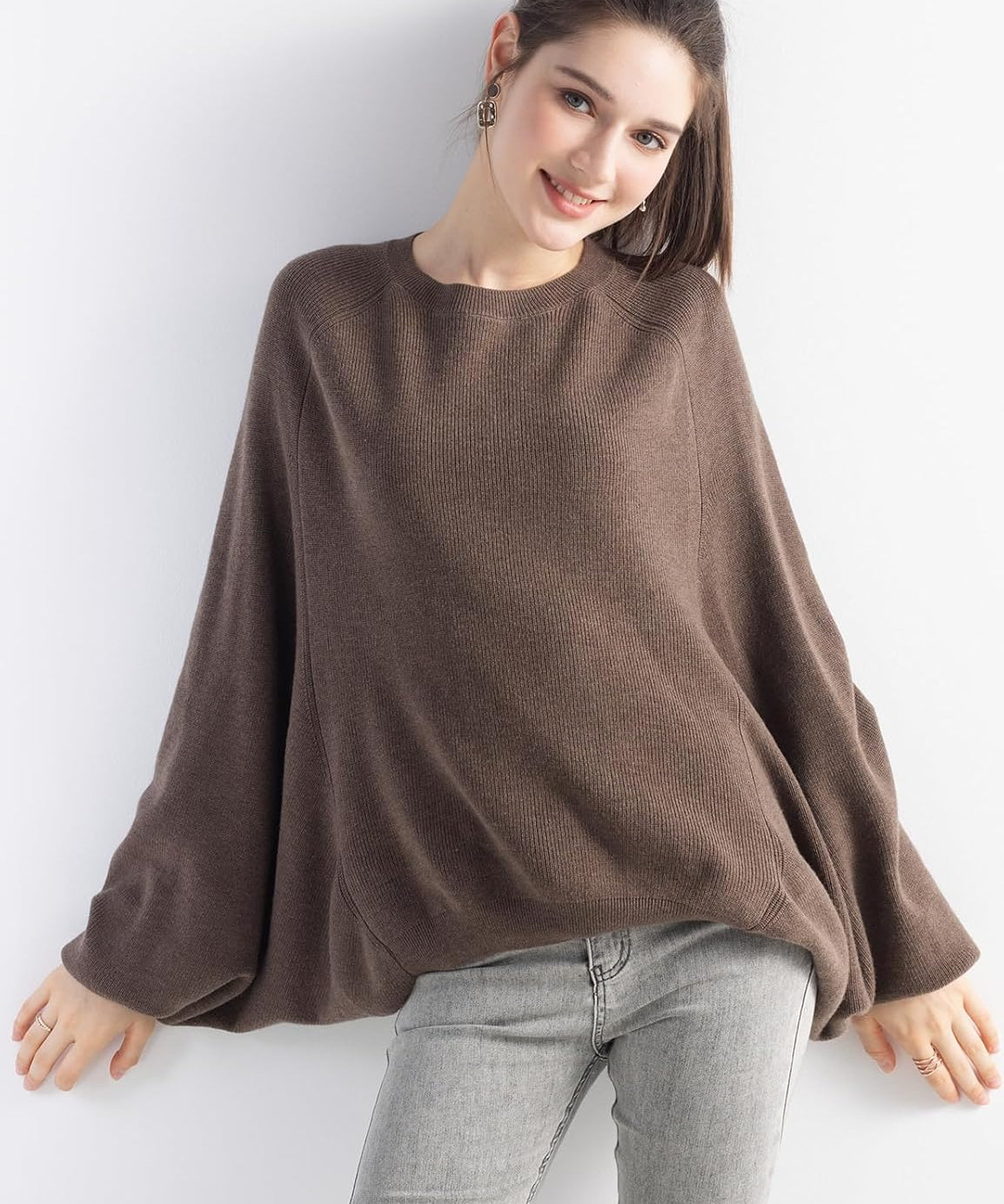 Merino Wool Blend Oversized Crewneck Batwing Sweater