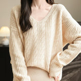 Chanyarn Women's V Neck 100% Merino Wool Oversized Sweater 2025 Fall Winter Vintage Cable Long Sleeve Knit Sweater