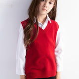 Girls 100% Merino Wool Sweater Vest V-Neck Sleevless 2025 Fall Winter Cable Tops Knitted Pullover Vest