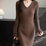 Women's Merino Wool Blend Sweater Dress Fashion 2025 Fall Winter Sexy V-Neck Slim Fit Long Sleeve Ribbed Knit Dress