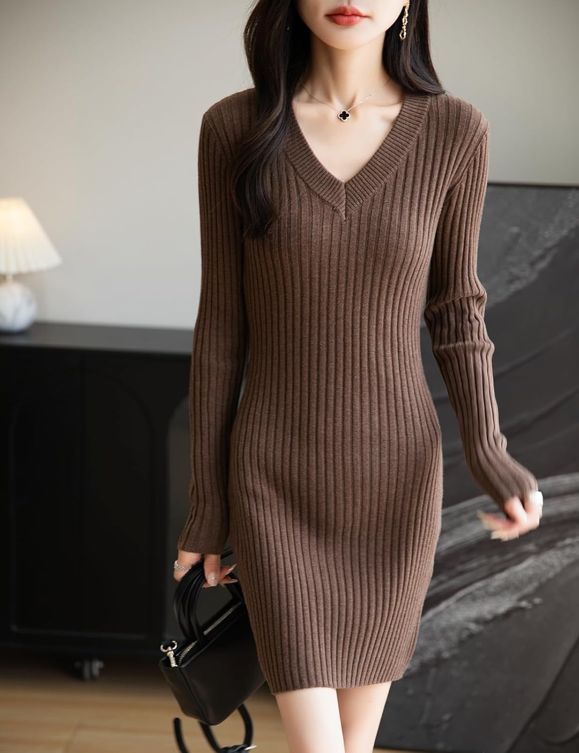 Women's Merino Wool Blend Sweater Dress Fashion 2025 Fall Winter Sexy V-Neck Slim Fit Long Sleeve Ribbed Knit Dress