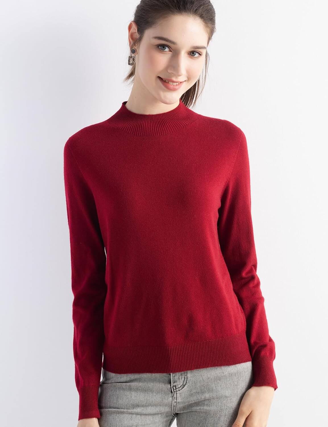 Merino Wool Blend Mock Neck Seamless Knit Sweater