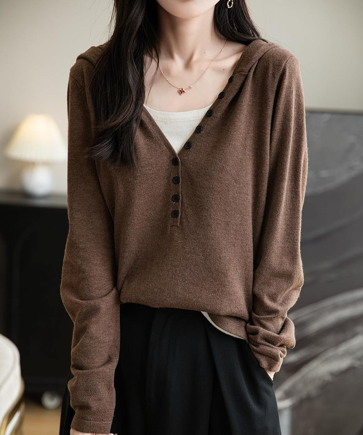 Merino Wool Blend Color Block Fake Two-Piece Knit Hoodie