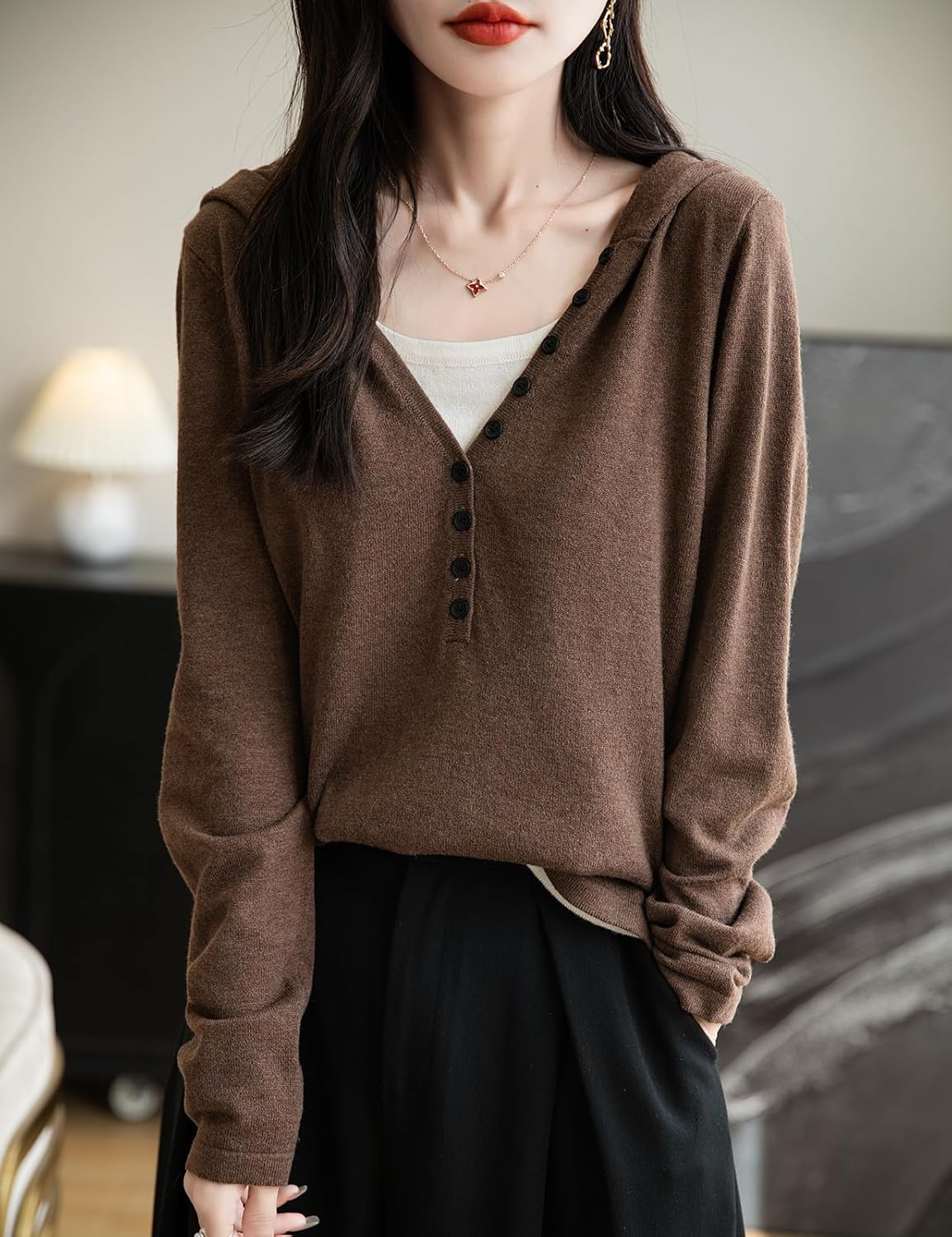 Merino Wool Blend Color Block Fake Two-Piece Knit Hoodie