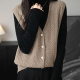 Women's 100% Merino Wool Sweater Vest 2025 Fall Winter V Neck Button Down Sleeveless Cable Knit Sweater Vest