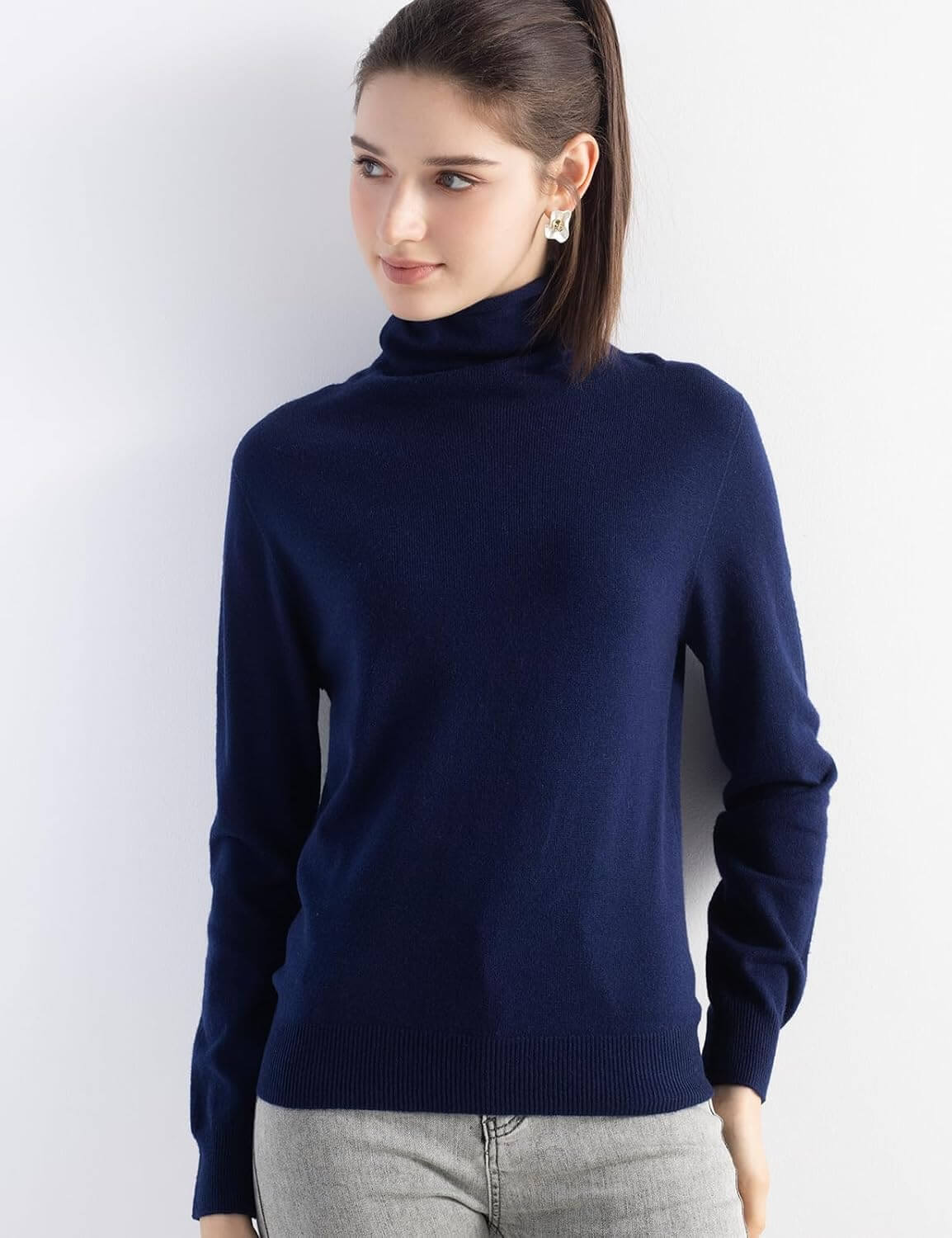 Merino Wool Blend Turtle Neck Seamless Knit Sweater