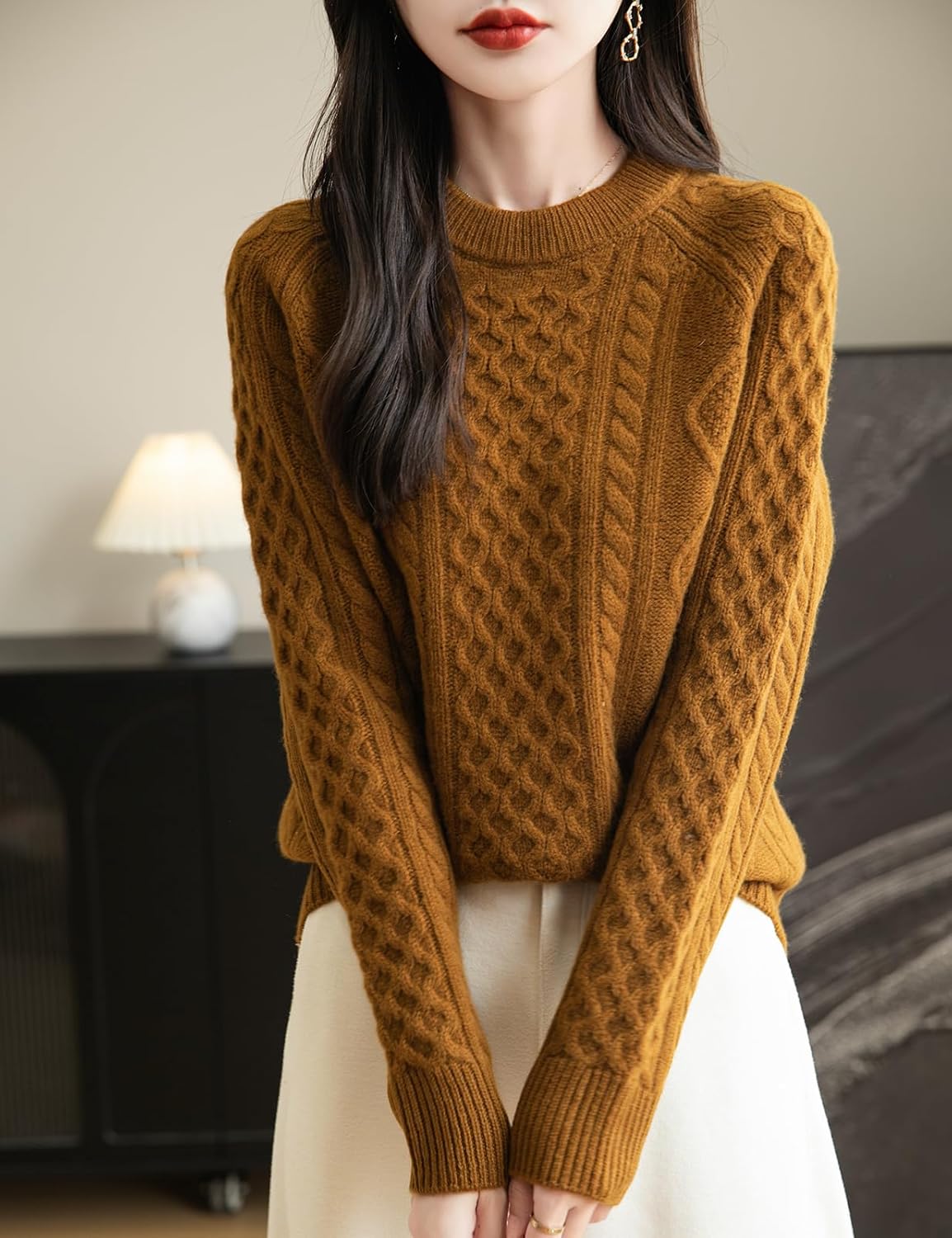 Pull vintage en tricot torsadé à col rond 100 % laine mérinos