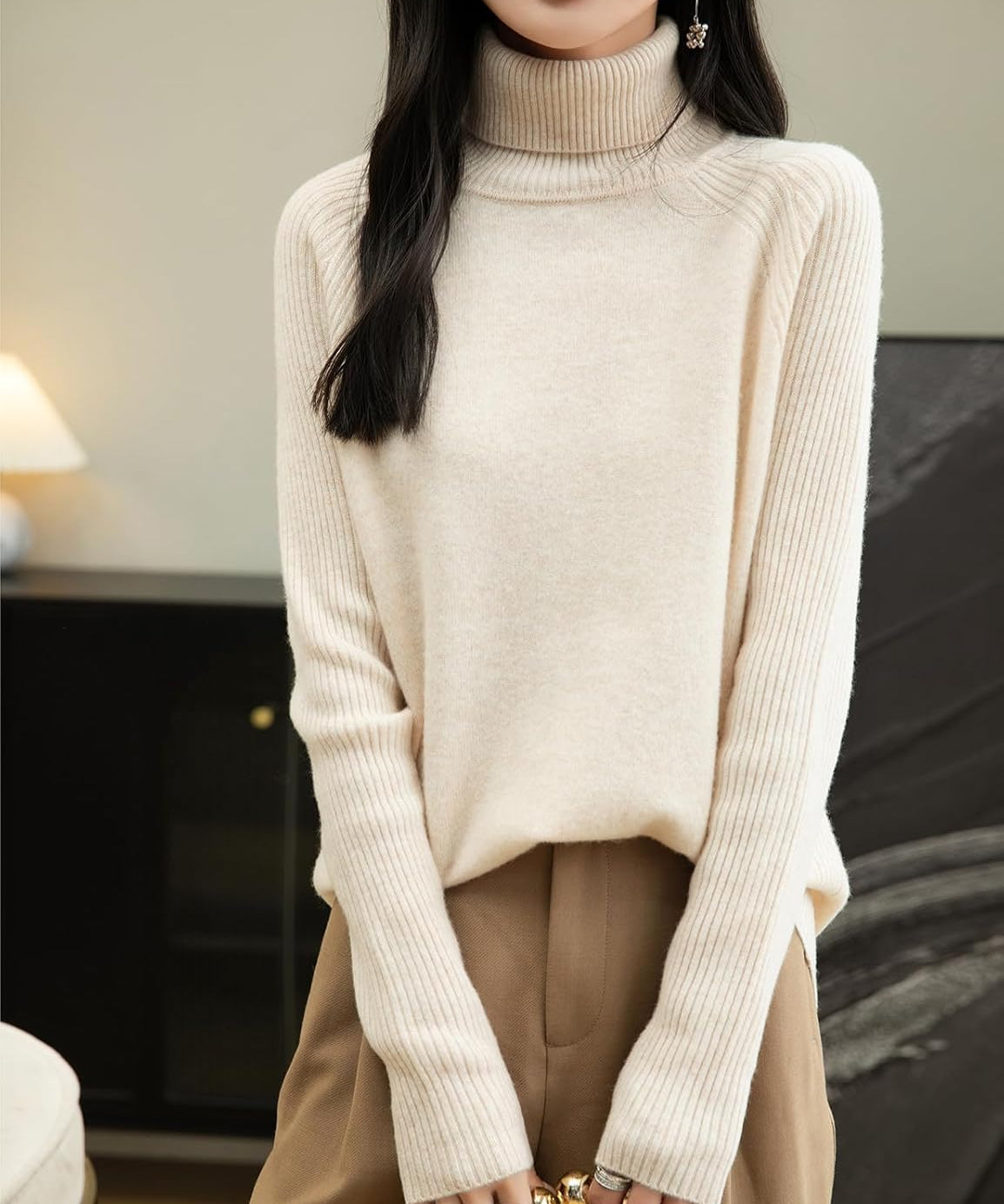 Women's 100% Merino Wool Raglan Turtleneck Sweater