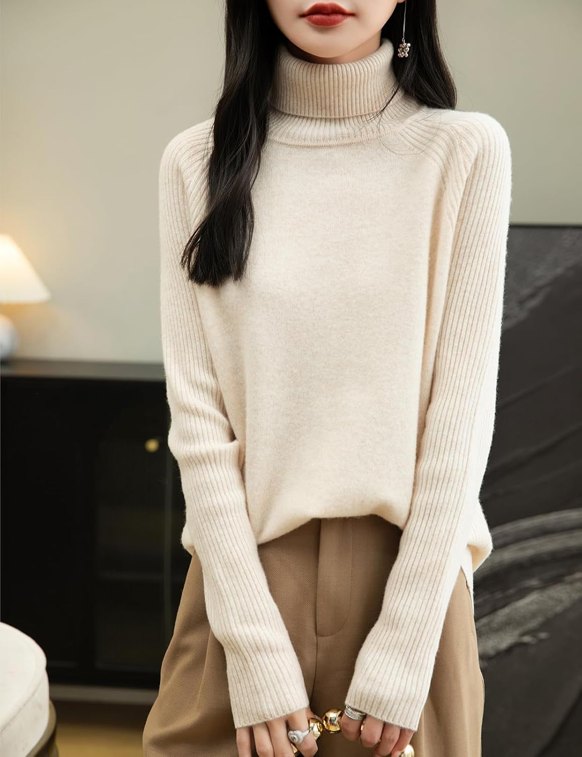 100% Merino Wool Raglan Turtleneck Sweater