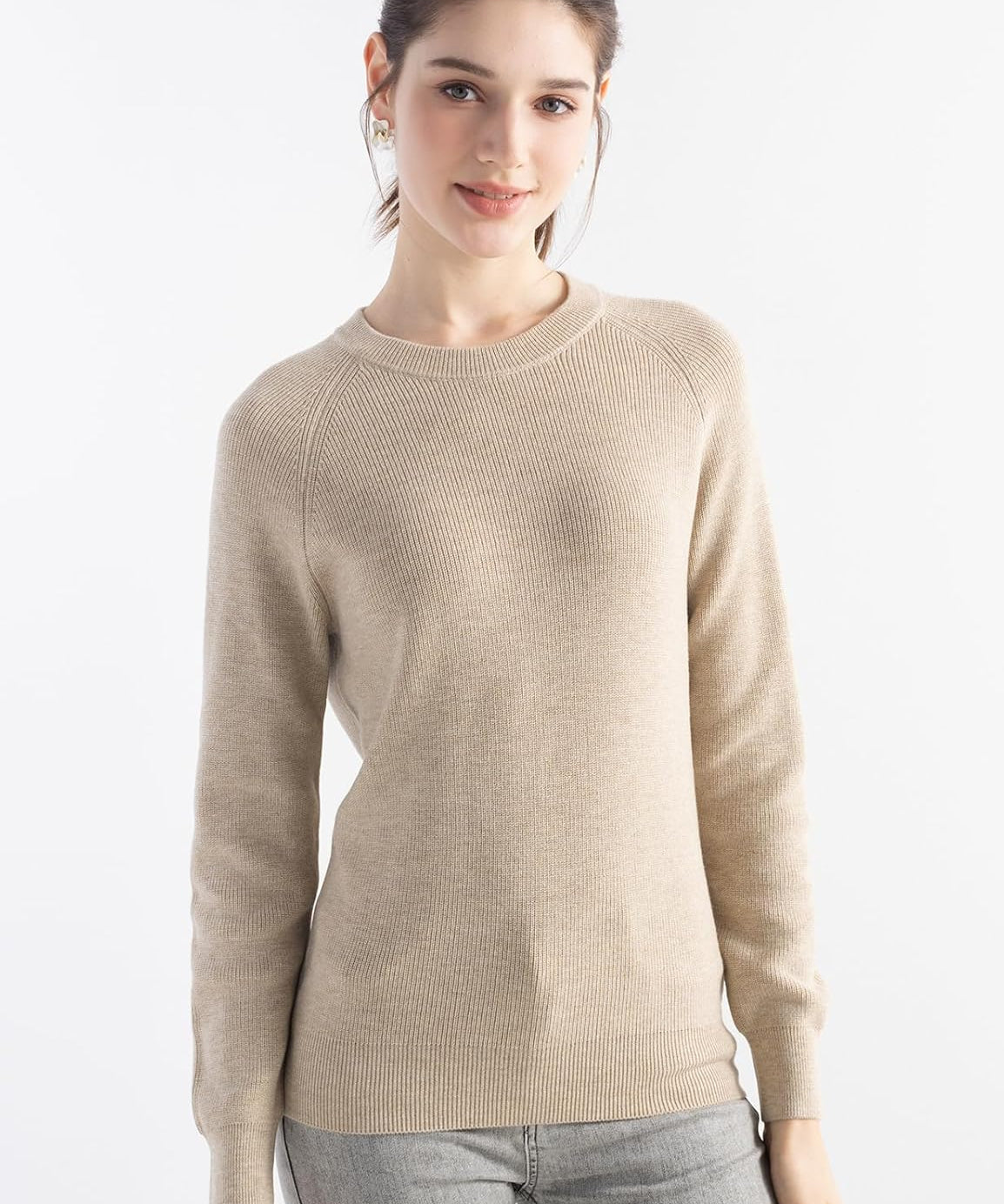 Merino Wool Blend Crew Neck Knit Sweater