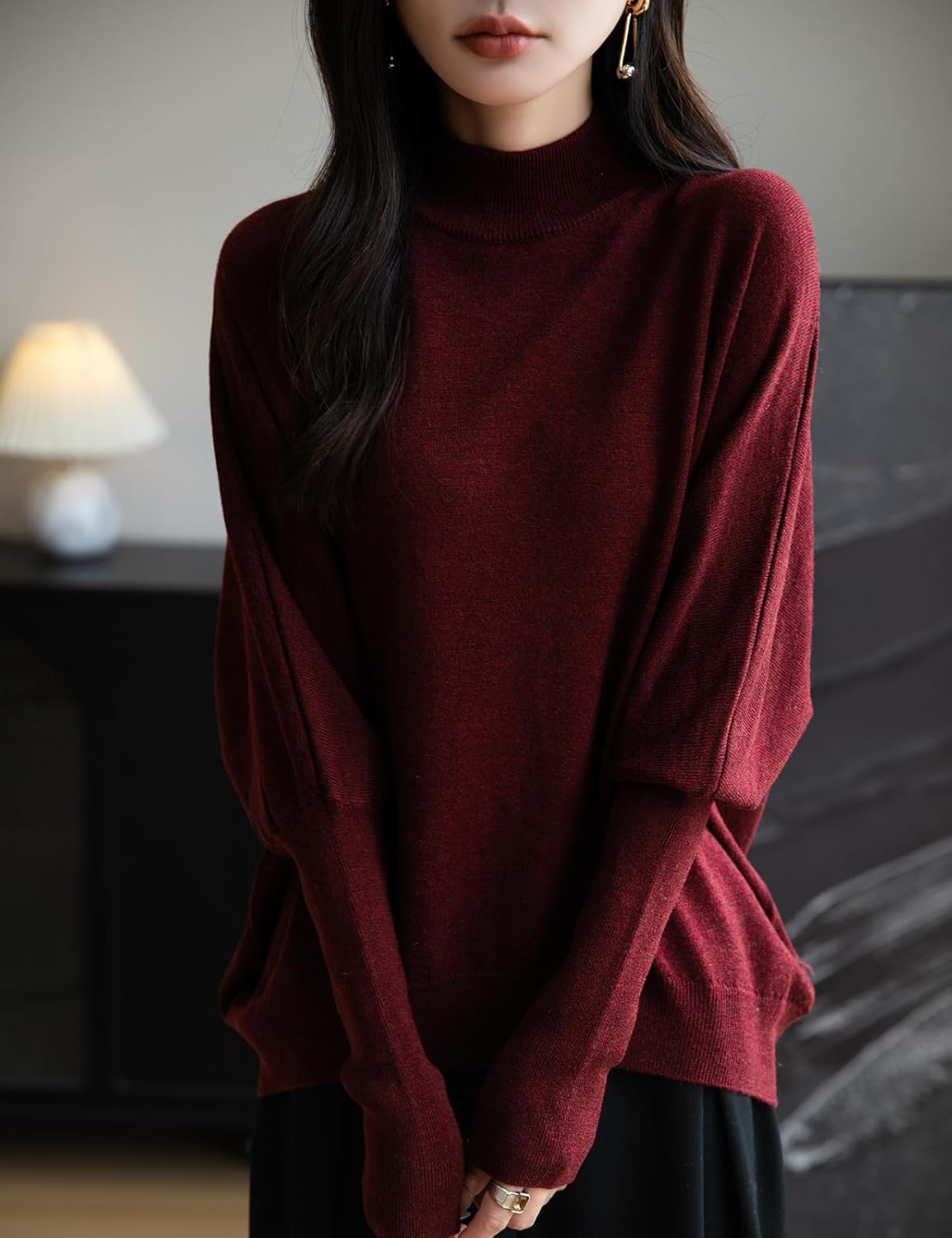 Women's Merino Wool Blend Oversized Sweater 2025 Fall Winter Fashion Mock Neck Batwing Sleeve Knit Pullover Sweater