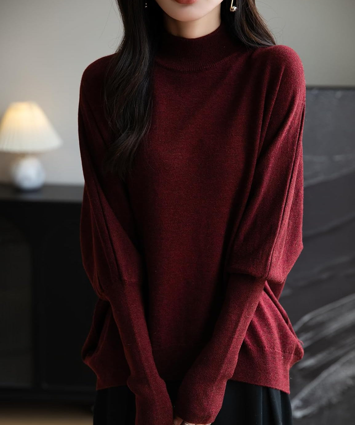 Merino Wool Blend Mock Neck Batwing Sleeve Sweater