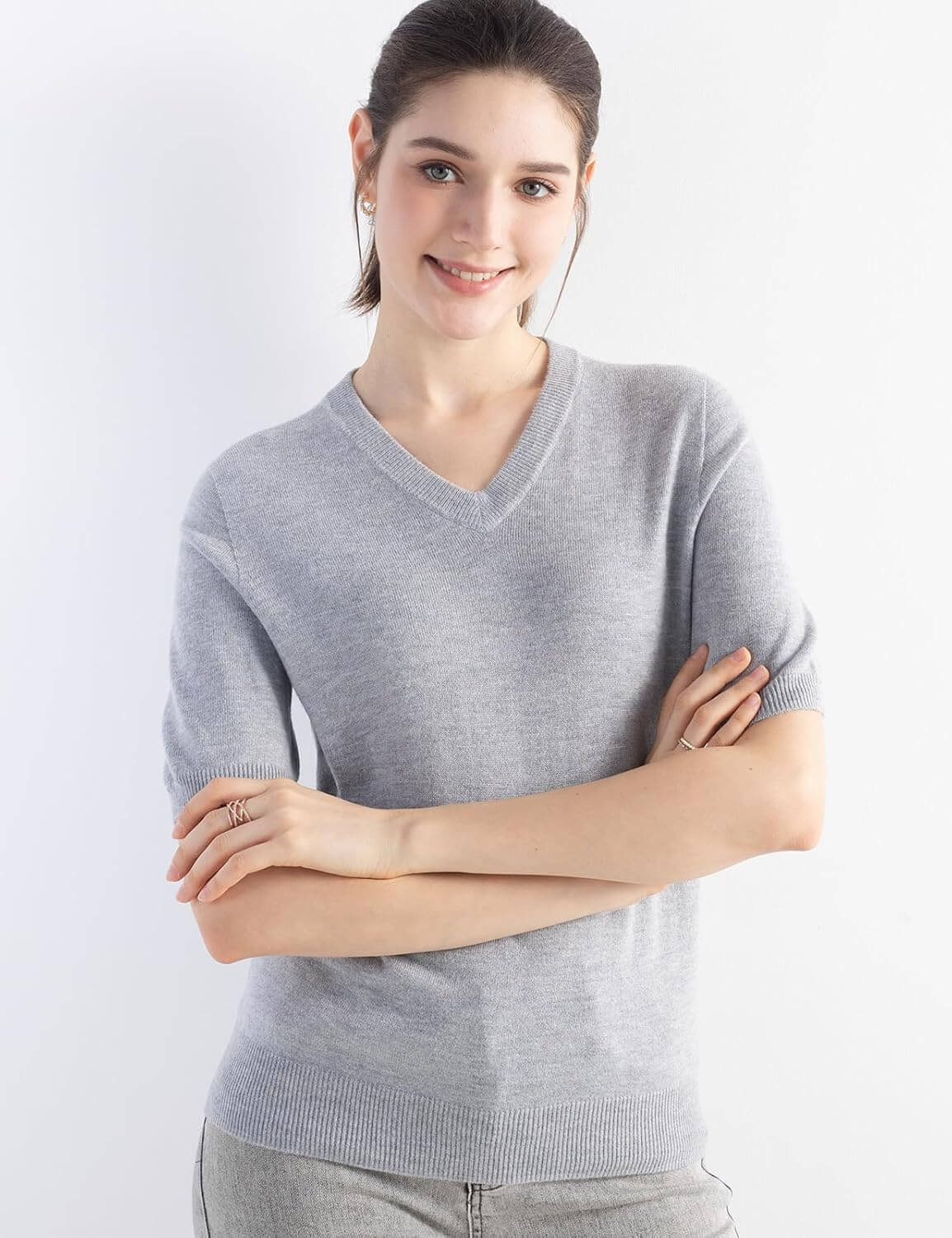 Women's Merino Wool Sweater 2025 Fall Winter V Neck Short Sleeve First-Line Ready to Wear Seamless Knit Sweater