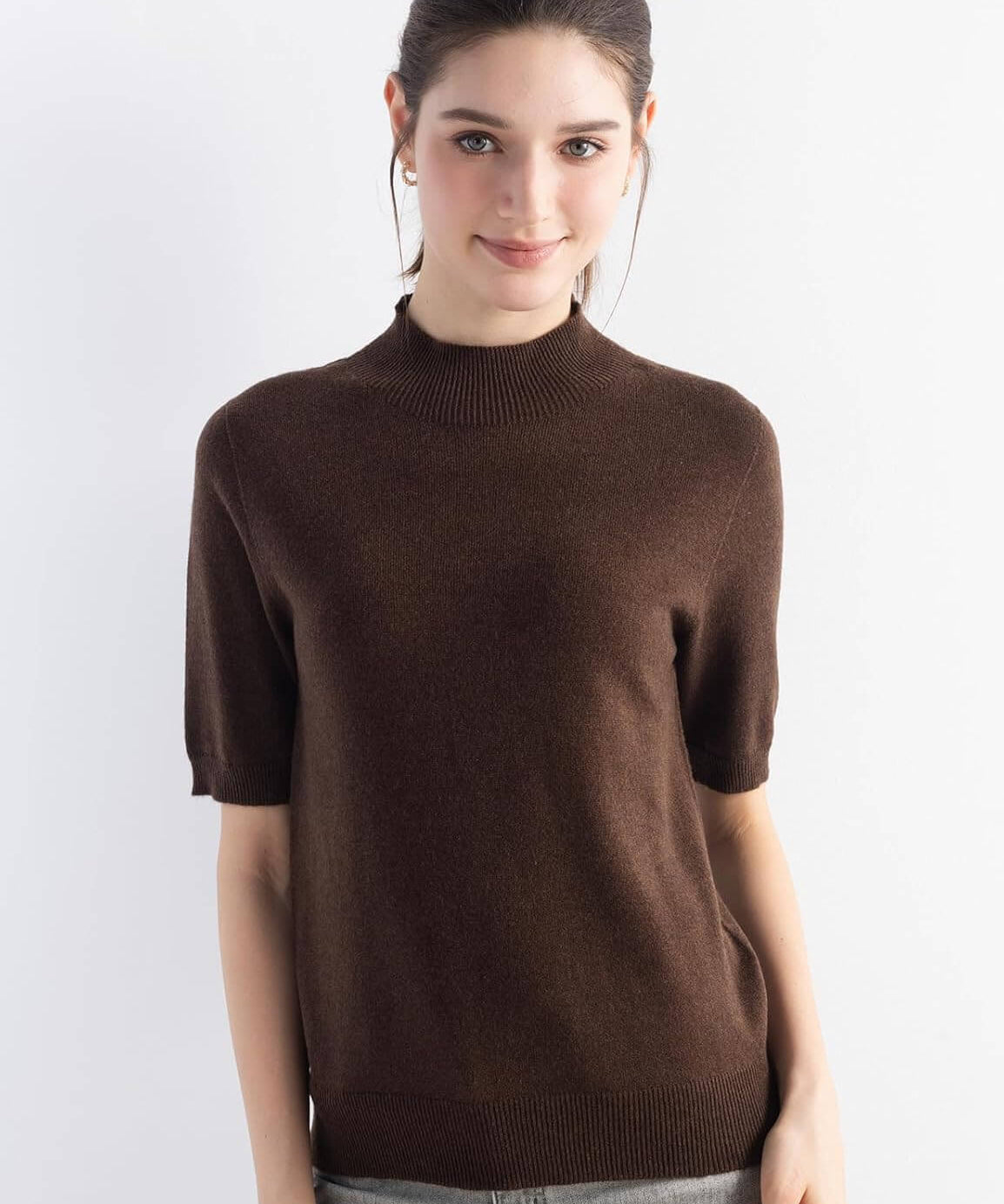 Merino Wool Mock Neck Short Sleeve Seamless Knit Sweater