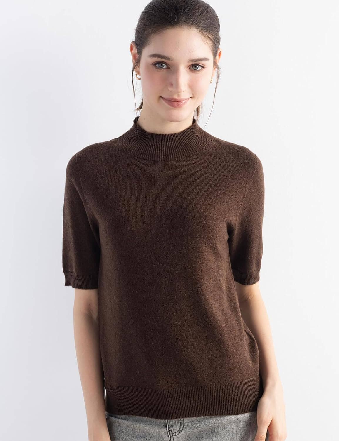 Merino Wool Blend Mock Neck Short Sleeve Seamless Knit Sweater