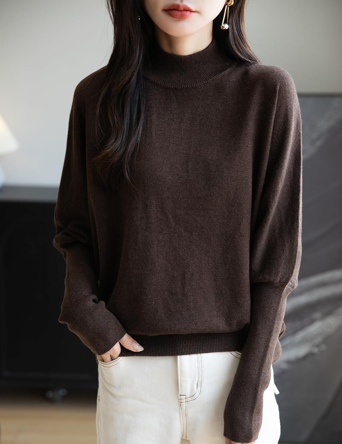 Women's Merino Wool Blend Oversized Sweater 2025 Fall Winter Fashion Mock Neck Batwing Sleeve Knit Pullover Sweater