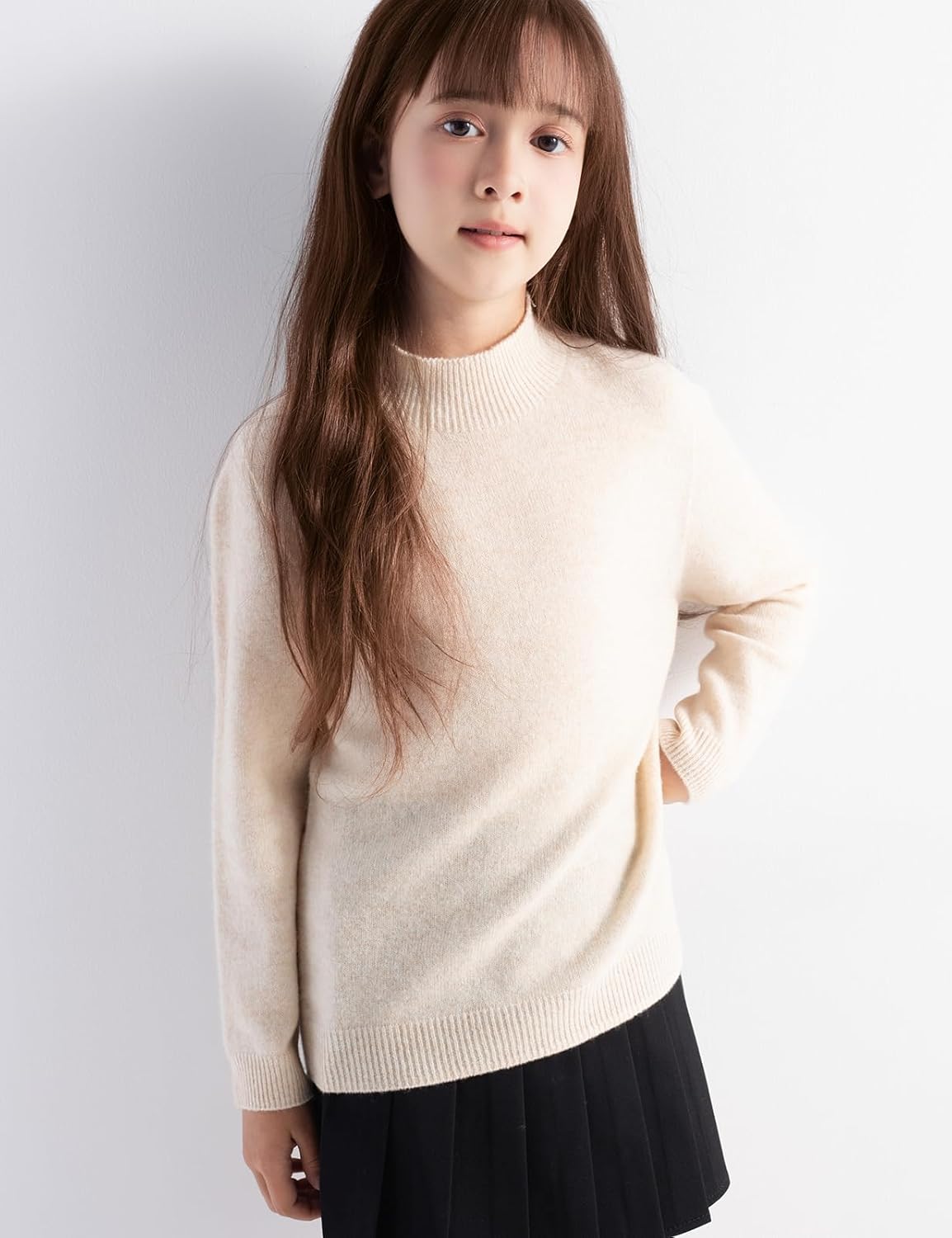 Girls 100% Merino Wool Sweater Fall Winter First-Line Ready to Wear Mock Neck Long Sleeve Seamless Pullover
