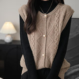 Women's 100% Merino Wool Sweater Vest 2025 Fall Winter Crew Neck Button Down Sleeveless Cable Knit Sweater Vest