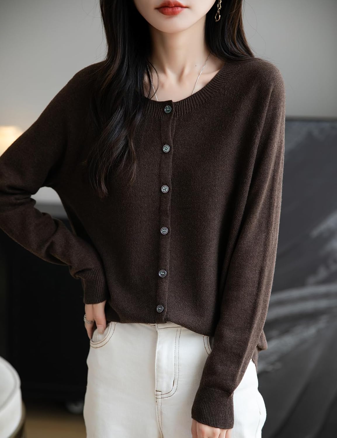 Women's Merino Wool Cardigan Crew Neck Fall Winter Long Sleeve First-Line Ready to Wear Seamless Knit Cardigan