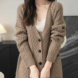 Chanyarn Women's 100% Merino Wool Sweater 2025 Fall Winter V Neck Long Sleeve Vintage Cable Knitted Cardigan Sweater
