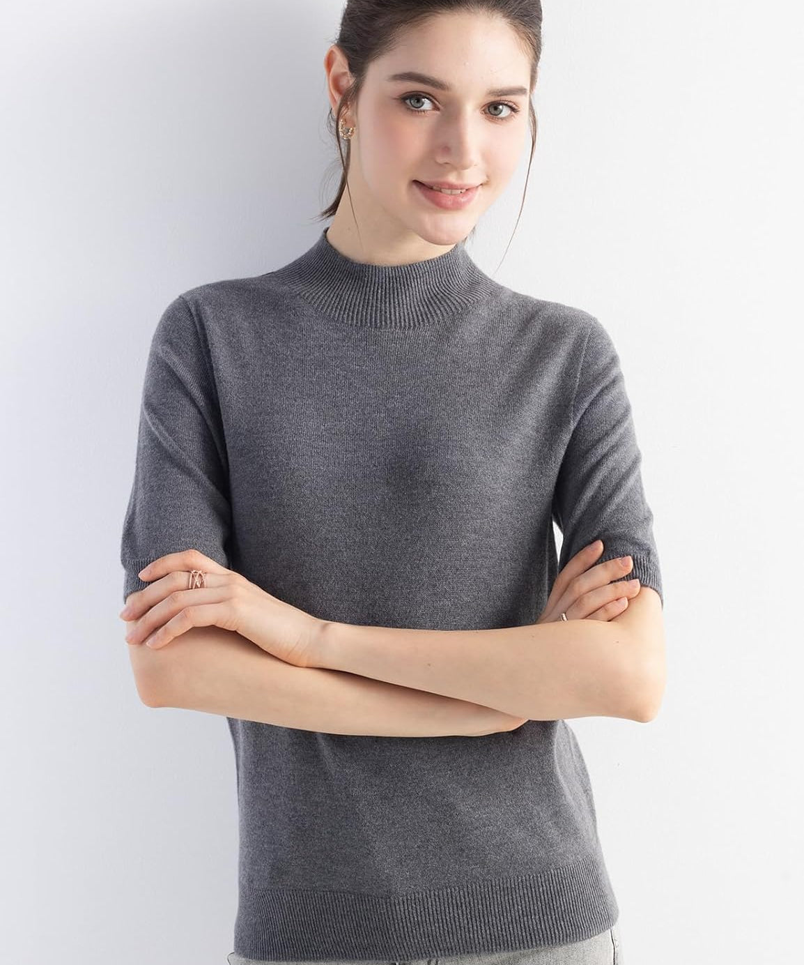 Merino Wool Mock Neck Short Sleeve Seamless Knit Sweater