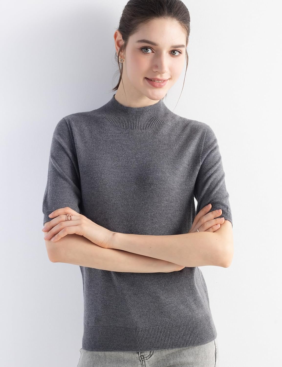 Merino Wool Blend Mock Neck Short Sleeve Seamless Knit Sweater