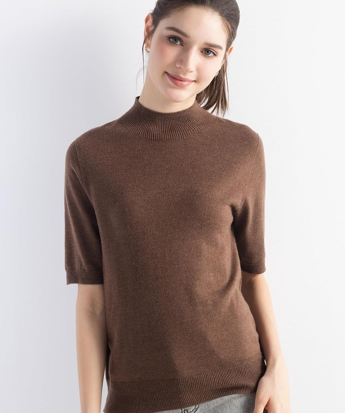Merino Wool Mock Neck Short Sleeve Seamless Knit Sweater
